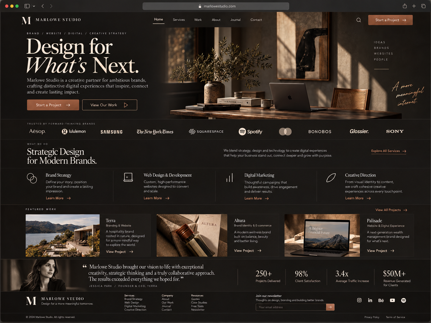 Marlowe Studio website design in warm brown and cream