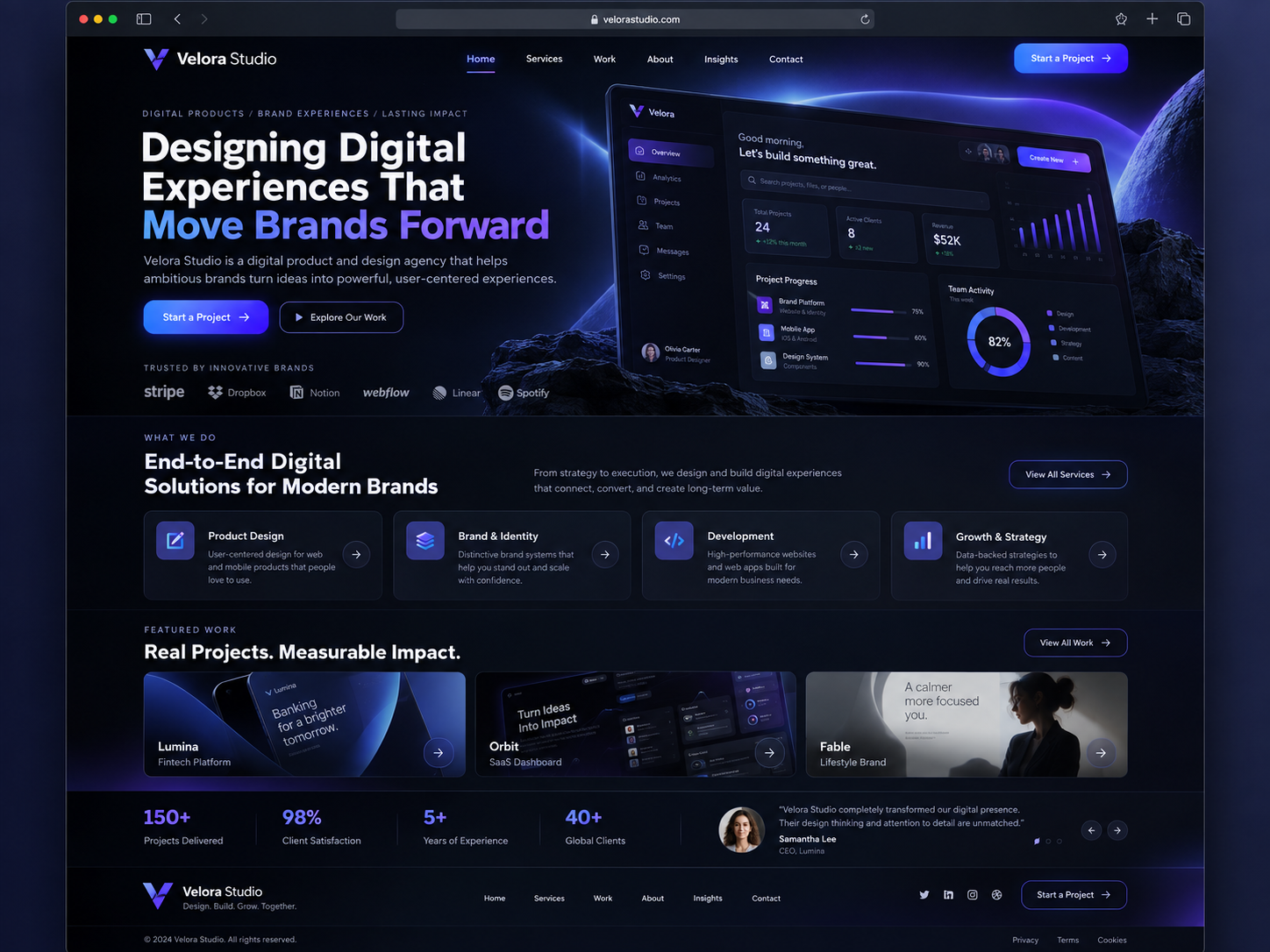 Velora Studio website design in purple and blue