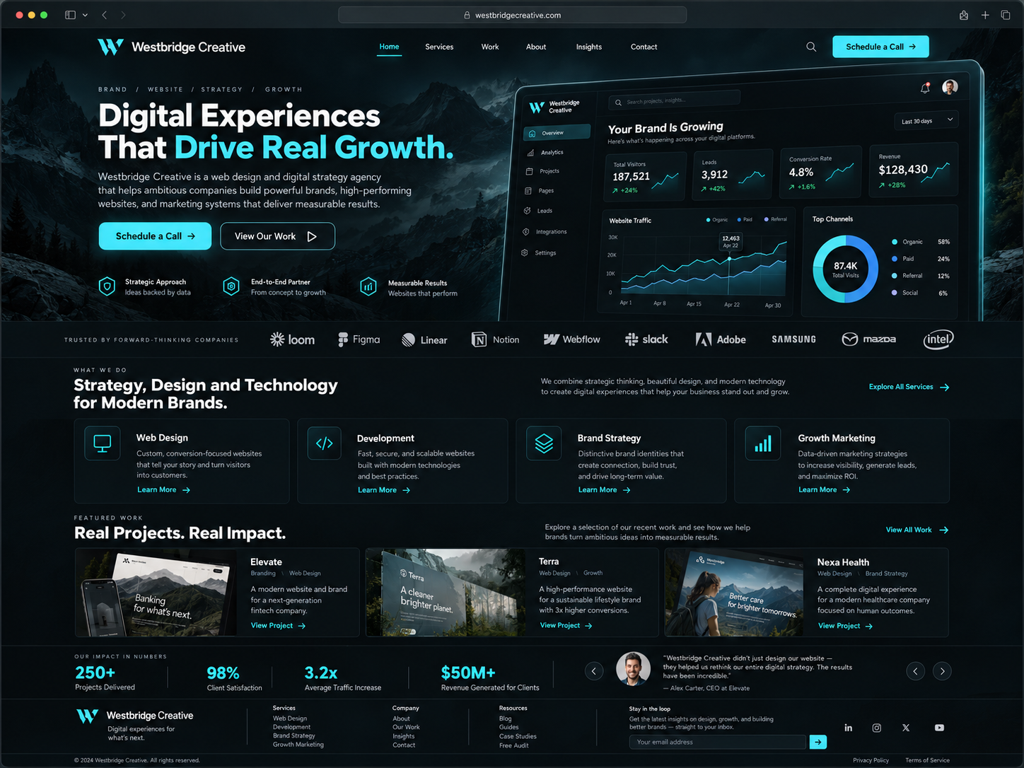 Westbridge Creative website design in black and cyan